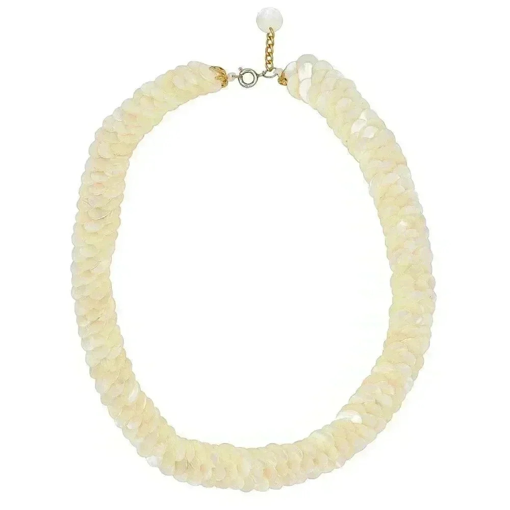 White Mother of Pearl Layered Braided Flat Wide Necklace Summer Party Necklace